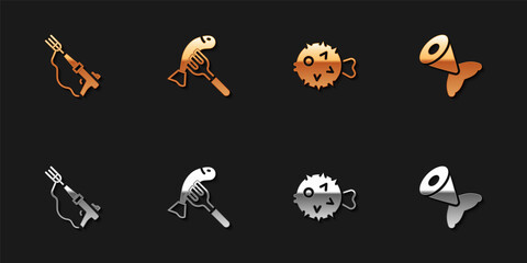 Set Fishing harpoon, Served fish plate, hedgehog and tail icon. Vector