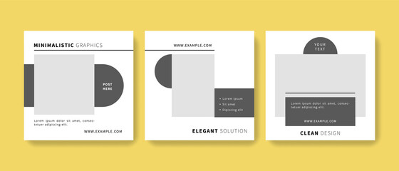 Clean editable social media layouts with minimalistic design, circle elements, web template with place for photos, trendy graphics for business and model art, line, connection, simple background