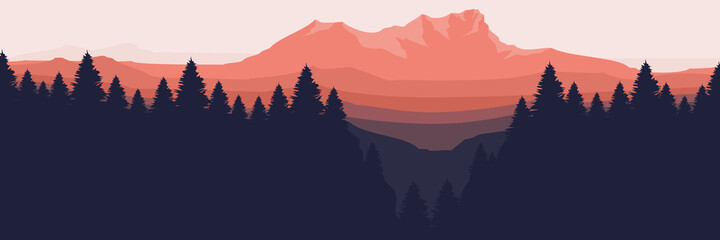 sunset in the mountain landscape flat design vector illustration for wallpaper, background, backdrop, design template and banner template
