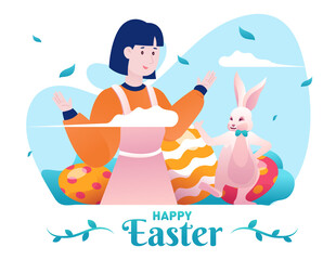 Illustration of A Girl and Rabbit in front an Egg to celebrate Easter
