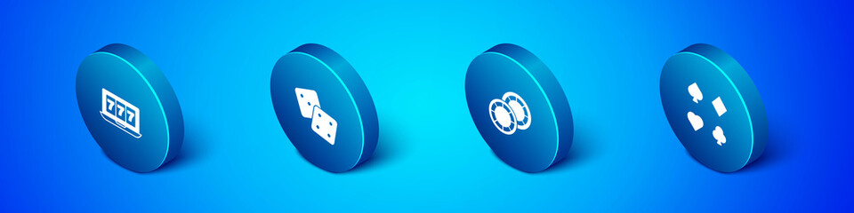 Set Isometric Online slot machine with jackpot, Casino chips, Deck of playing cards and Game dice icon. Vector