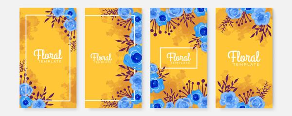 Naklejka premium Floral blue banners set. Beautiful Floral Wreath Wedding Invitation Card Template for social media template. Classic blue, white rose, white hydrangea, ranunculus, anemone, thistle flowers