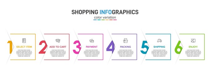 Concept of shopping process with 6 successive steps. Six colorful graphic elements. Timeline design for brochure, presentation, web site. Infographic design layout.