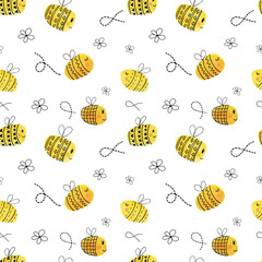 Seamless pattern for kids with cute bees illustrations. Fabric, prints, textile. 