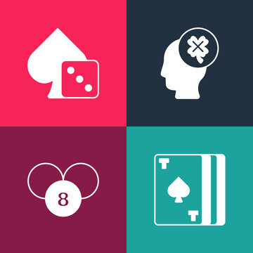 Set Pop Art Deck Of Playing Cards, Lottery Ball On Bingo, Casino Slot Machine With Clover And Game Dice Icon. Vector