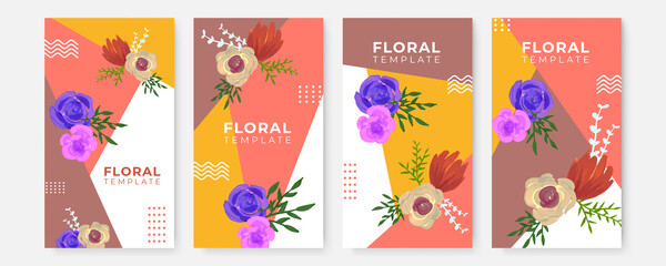 Floral blue banners set. Beautiful Floral Wreath Wedding Invitation Card Template for social media template. Classic blue, white rose, white hydrangea, ranunculus, anemone, thistle flowers
