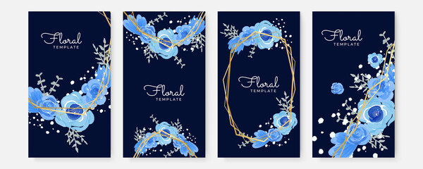Obraz na płótnie Canvas Floral blue banners set. Beautiful Floral Wreath Wedding Invitation Card Template for social media template. Classic blue, white rose, white hydrangea, ranunculus, anemone, thistle flowers