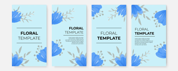 Blue floral and flowers background for post stories social media template. pretty blue floral watercolor seamless background. Floral Frame Collection. Set of cute watercolor retro flowers.