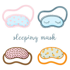 Sleeping mask set. Sleeping night eye accessory blindfold relax in traveling illustration. Collection of nighty sleepy face protection asleep flat cartoon isolated on white for poster, sticker, cards