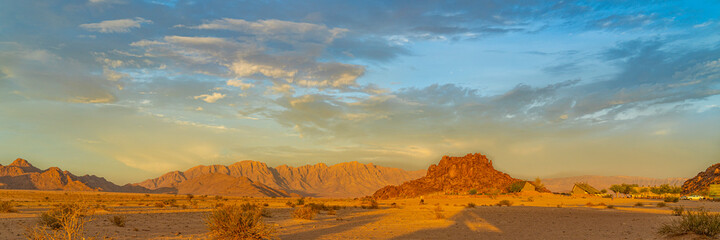 Panorama at Namib Desert, landscape with rock mountain during sunset at Sossusvlei