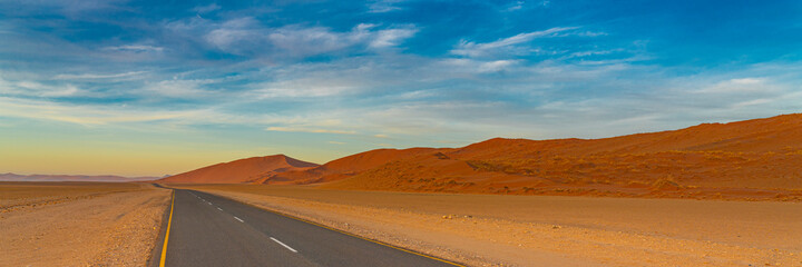 Panorama from the road to Sossusvlei in the Namib Desert, landscape with large sand dune