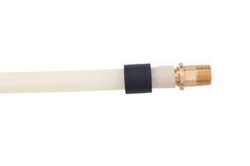 plastic pipe with copper thread adapter and black crimping ring, on white background