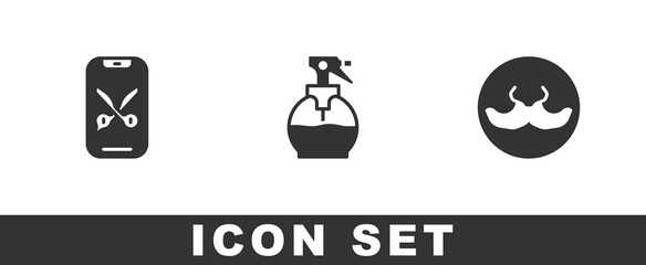 Set Barber online service or platform, Hairdresser pistol spray bottle and Mustache icon. Vector