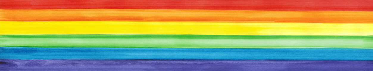 LGBT pride rainbow flag. Symbol of sexual minorities and tolerance. LGBTQ, LGBT + community concept. Watercolor painted background with copy space for design. Wide banner. Website header. - obrazy, fototapety, plakaty