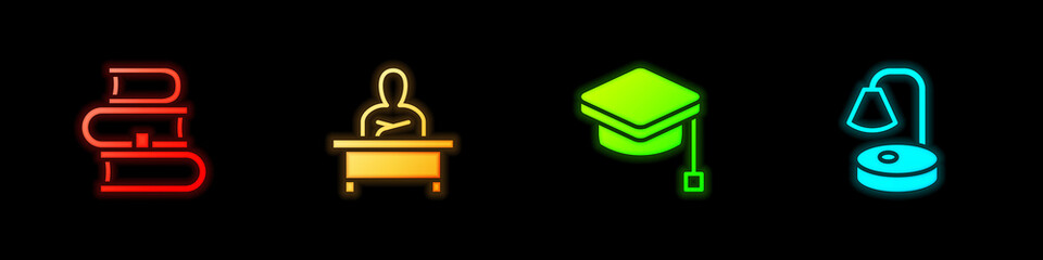 Set Book, Schoolboy sitting at desk, Graduation cap and Table lamp icon. Vector