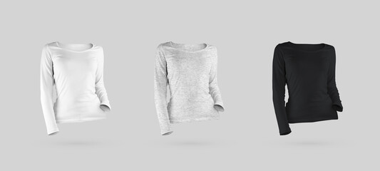 Mockup white, black, heather sweatshirt 3D rendering, female long sleeve isolated on background, front view