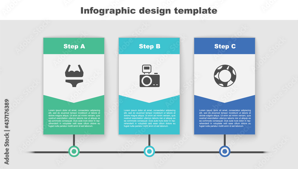 Sticker Set Swimsuit, Photo camera with flash and Rubber swimming ring. Business infographic template. Vector