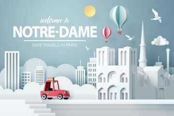 Paper art of red car take travel to notre-dame de paris in Paris after Covid-19 outbreak end, safe travels and journey in Paris concept - 437176346