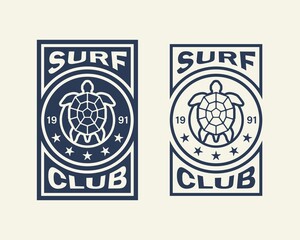 Set of color illustrations turtle, starfishes and text on the background. Vector illustration in vintage style for emblem, sticker, label, poster, print. Surfing club. Summer vacation at the sea.