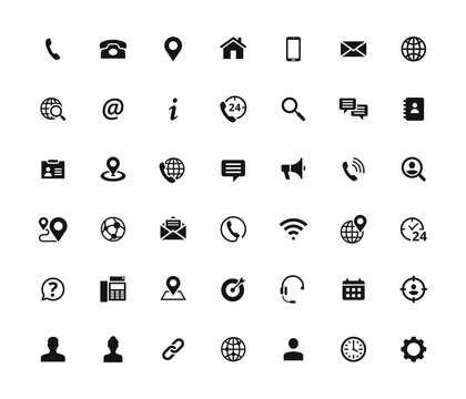 Set Of 42 Solid Contact Icons. Black Vector Symbols.