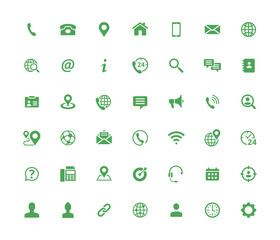 Set of 42 solid contact icons. Green vector symbols. - obrazy, fototapety, plakaty