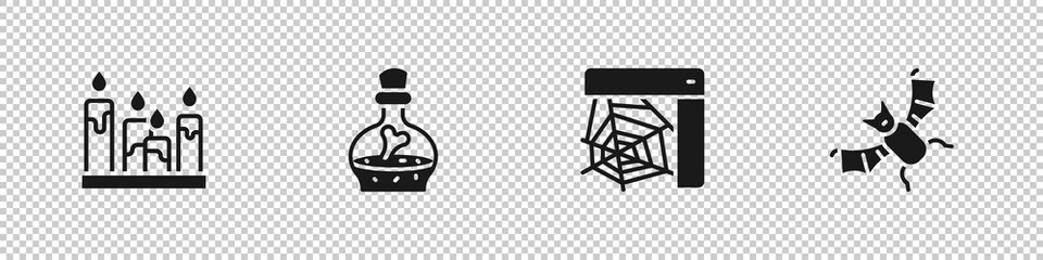 Set Burning candle, Bottle with potion, Spider web and Flying bat icon. Vector