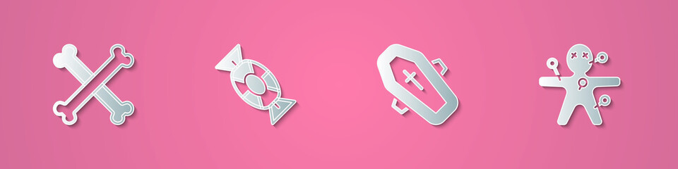 Set paper cut Crossed bones, Candy, Coffin with cross and Voodoo doll icon. Paper art style. Vector