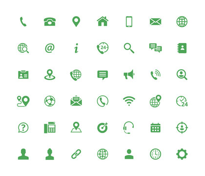 Set of 42 solid contact icons. Green vector symbols.