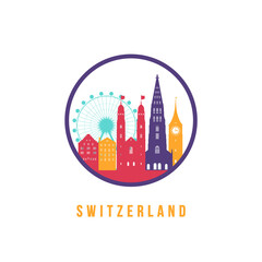 Famous Switzerland landmarks silhouette. Colorful Switzerland skyline round icon. Vector template for postmark, stamp, badge or logo.