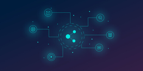 Social media marketing abstract technology business communication background with  marketing icons and elements, glowing neon effect, web banner.