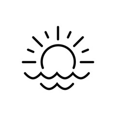 The sun in the sea. Sunrise or sunset. Black outline. Simple vector icon isolated on a white background. Element for the travel agency logo. A symbol of recreation, beach, travel, climate, weather