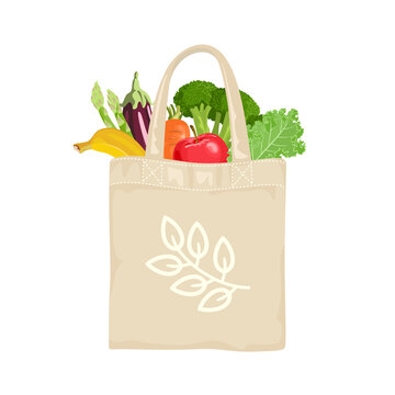 Reusable grocery eco bag with fruit and vegetables isolated from white background. Zero Waste concept. Vector illustration in cartoon flat style. Healthy organic food icon.