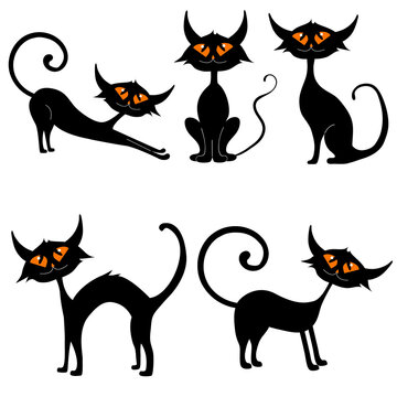 set of black cats in different poses with glowing eyes, vector isolated on a white background, Halloween.