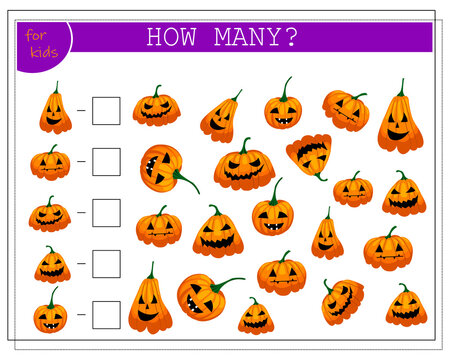math game for kids count how many of them, pumpkins, Halloween. vector isolated on a white background