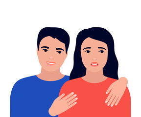 Discord, problem, crisis in relationship of couple, support. Psychological family problems of man and woman. Fatigue, frustration, sad. Vector illustration