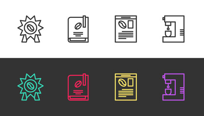 Set line Medal for coffee, Coffee book, Newspaper and and machine on black and white. Vector