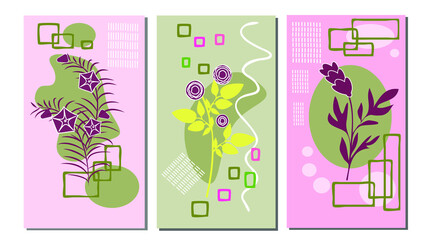 Set of three abstract patterns with purple flowers and geometric figures for the design of postcards, brochures, wall decor