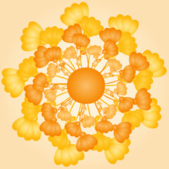 Round pattern of abstract yellow flowers for the decoration of accessories, walls, textiles. Vector illustration