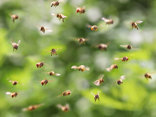 swarm of bees in flight in front of green leaf bokeh, flying honey bees front view