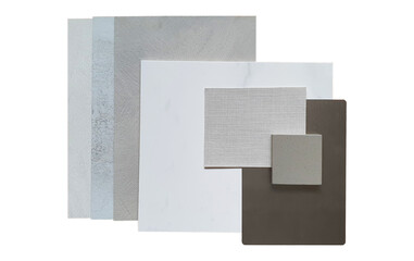 moodboards showing material samples for architects styling and selection containig multi color of concrete laminated ,white tile ,fabric wallpaper ,chrome metallic laminate ,quartz stone isolated.