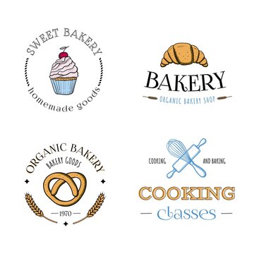 Set of bakery logos, labels, badges or icons. With cupcake, pretzel, croissant, rolling pin, whisk. Hand drawn vintage vector illustration.