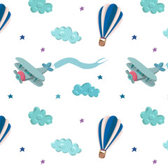Naklejka premium Seamless pattern with blue air balloons ,plane and clouds. Pattern for wallpapers,textile, cards, stationery