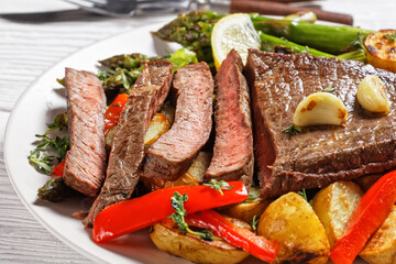 beef steak with veggies on a plate