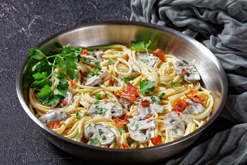 Pasta with cremini mushroom sauce, top view