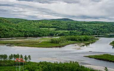 View from the Belvedere des Deux rivieres on the confluence of the Matapedia river and the...