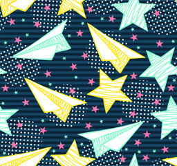 Hand drawn stars and paper planes with small dots. Vector abstract seamless pattern. Background for printing on fabrics and paper