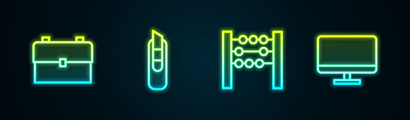 Set line School backpack, Stationery knife, Abacus and Computer monitor screen. Glowing neon icon. Vector