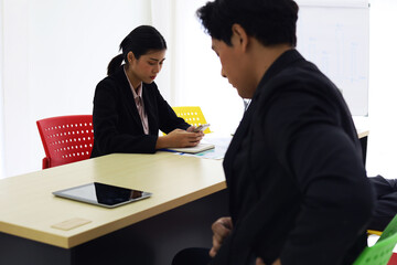 Asia business meeting distancing workplace in meeting room.