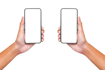 Hand men holding smartphone with blank screen isolated on white background with clipping paths.