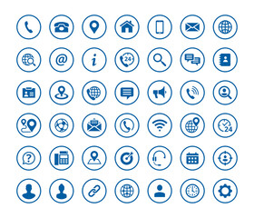 Set of 42 solid contact icons in circle shape. Blue vector symbols.